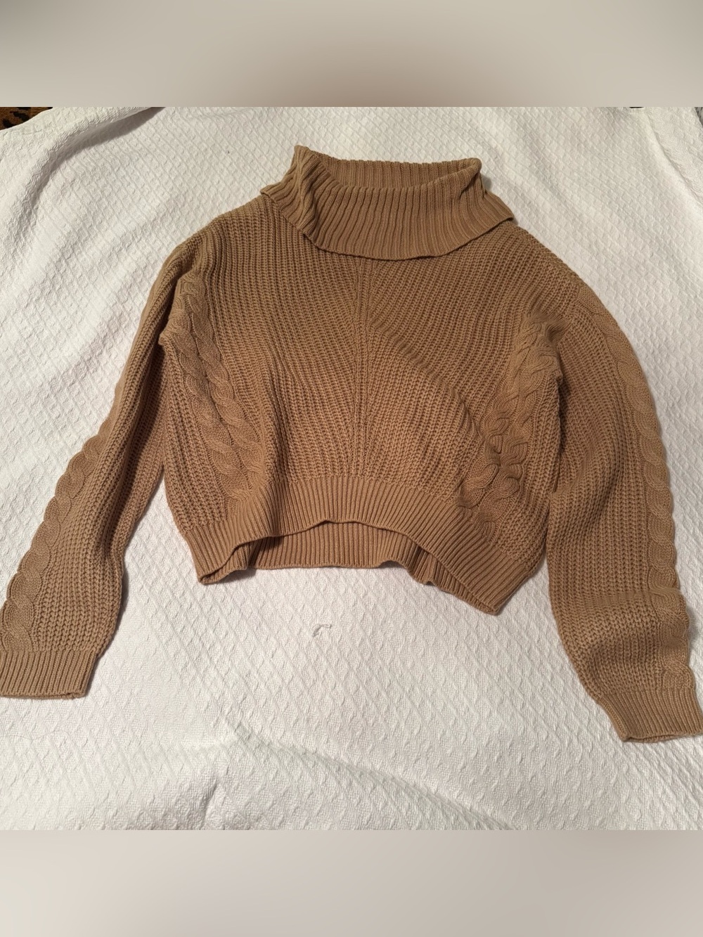 Fashion Nova Cropped Cable Turtleneck Sweater - Camel Brown